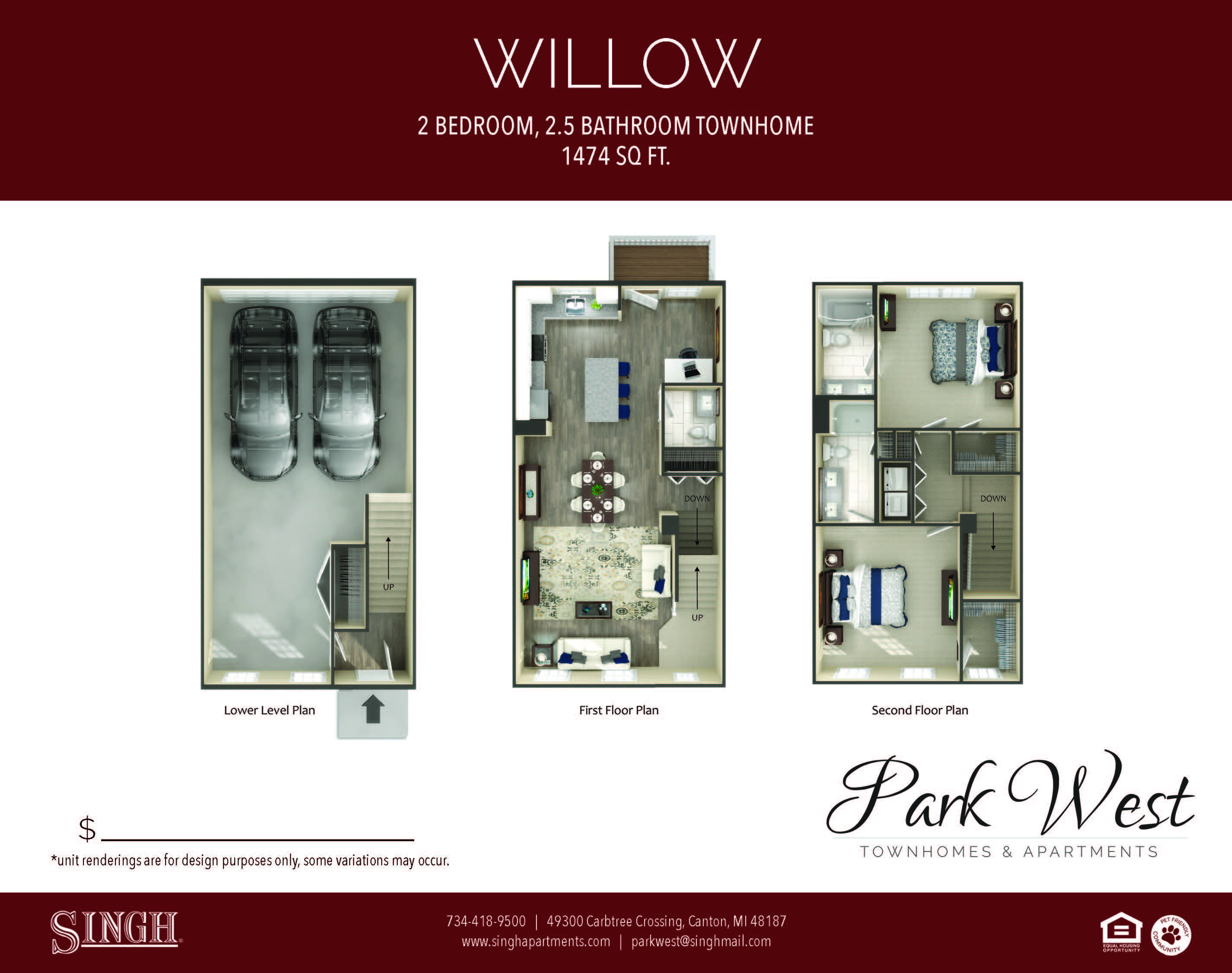 Willow Floor Plan at Park West, Canton, MI, 48187